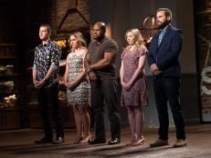 Contestants (left) Matthew Grunwald, Amy Pottinger, David Rose, Addie Gundy and Cory Bahr (right) are bottom five at the Elimination results for the Star Challenge A Mid-Summer Night's Theme, as seen on Food Network Star, Season 13.