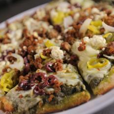 The Paradise Pesto Pizza as served at Maui Brick Oven in Kihei, Hawaii as seen on Food Network's Diners, Drive-Ins and Dives episode 2616.
