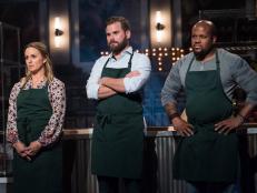 Contestants Amy Pottinger, David Rose and Cory Bahr react to losing and will have to go up again Host Bobby Flay in round two of the Star Challenge Beat Bobby Flay, On The Go, as seen on Food Network Star, Season 13.