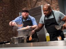 Contestants Rusty Hamlin and David Rose competing in the Mentor Challenge Slow-Cooked Flavors Fast, On The Go, as seen on Food Network Star, Season 13.