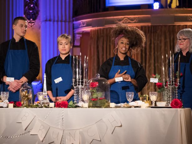Teammates Contestants Matthew Grunwald, Coadan Tran, Toya Boudy and Nancy Manlove giving their introductions to the guests at the Star Challenge Be Our Guest!, as seen on Food Network Star, Season 13.