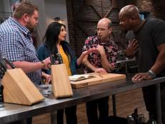 Contestants (left) Rusty Hamlin, Suzanne Lossia, Jason Smith and David Rose (right) planning their dishes for the Star Challenge Be Our Guest!, as seen on Food Network Star, Season 13.
