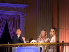 Guest Judge Sandra Lee with Mentors Bobby Flay and Giada De Laurentiis observing the contestants interact with the guests at the Star Challenge Be Our Guest!, as seen on Food Network Star, Season 13.