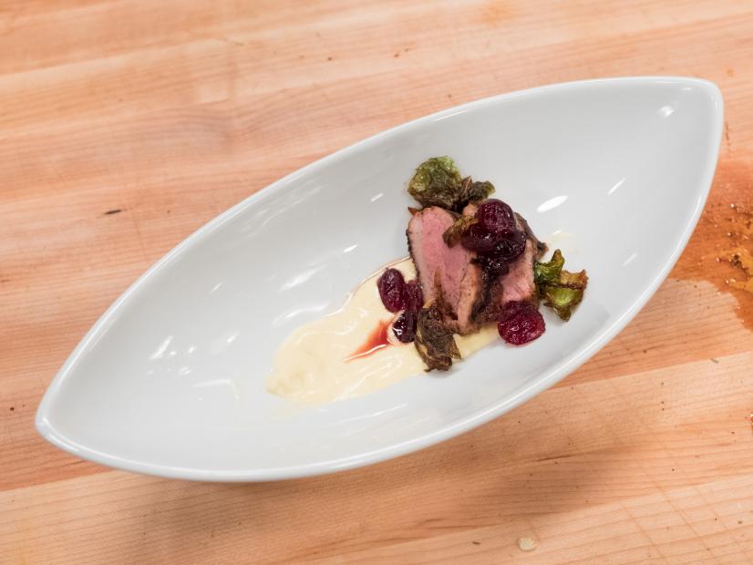 Contestant David Rose's dish, Chinese Jerk Spice Duck Breast w/ Cauliflower Puree, for the Star Challenge Experiential Restaurant, as seen on Food Network Star, Season 13.
