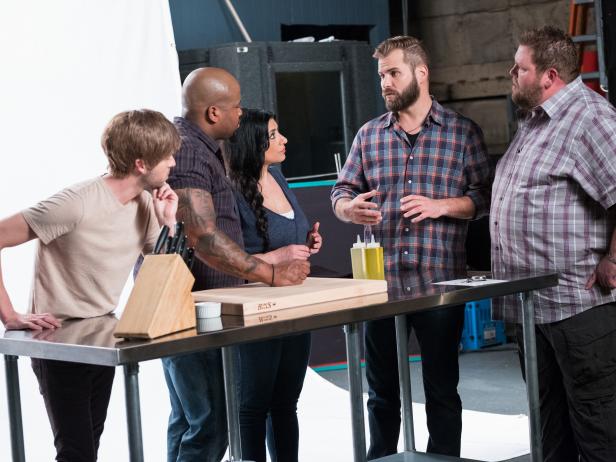 Contestants Trace Barnett, David Rose, Suzanne Lossia, Cory Bahr and Rusty Hamlin plan their 30-second videos describing their dishes for the Star Challenge Experiential Restaurant, as seen on Food Network Star, Season 13.