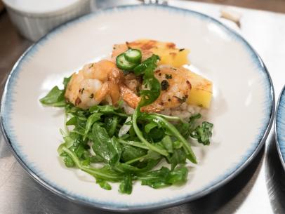 Contestant Amy Pottinger's dish, Hawaiian Garlic Butter Prawns w/ Grilled Pineapple and Pickled Serranos, for the Star Challenge Experiential Restaurant, as seen on Food Network Star, Season 13.