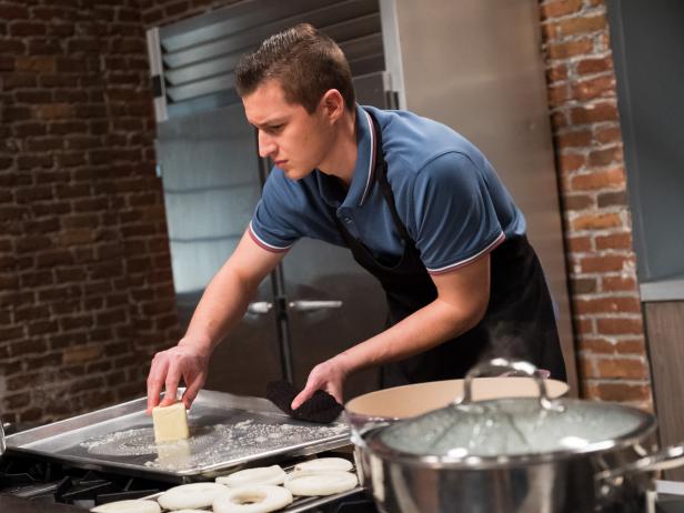 Contestant Matthew Grunwald prepares his dish, Ginormous and Chorizo Grilled Cheese with Creamy Chipotle Dipping Sauce, the Mentor Challenge Ginormous Food, as seen on Food Network Star, Season 13.