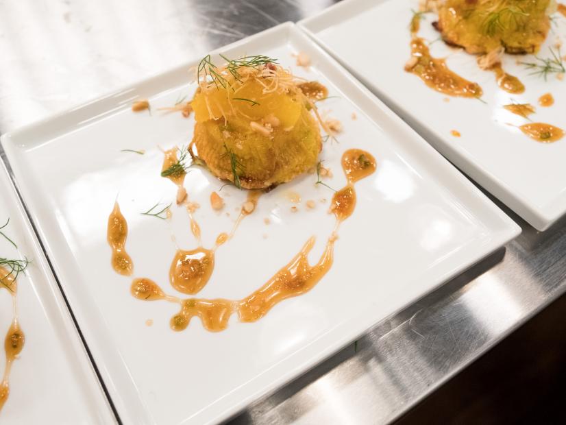 Contestant Cory Bahr's dish, Fennel Orange Bread Pudding with Fennel Orange Caramel and Fennel Pollen, for the challenge Vegging Out, as seen on Star Salvation for Food Network Star, Season 13.