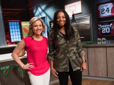Guest Judges Jaymee Sire and Jemele Hill pose for the camera at the Star Challenge ESPN Game Day, as seen on Food Network Star, Season 13.