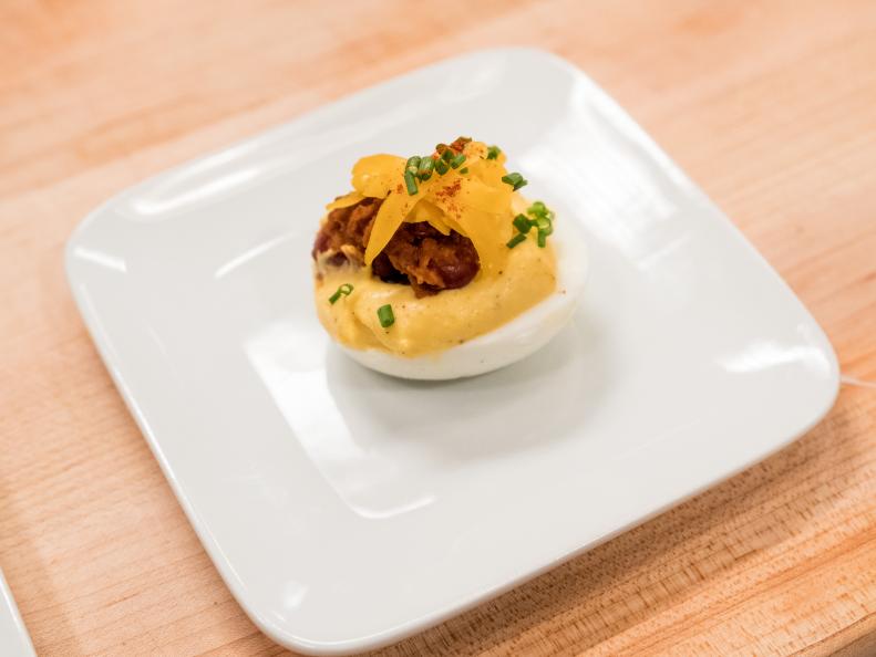 Contestant Jason Smith's dish, Chili Stuffed Deviled Egg, for the Star Challenge ESPN Game Day, as seen on Food Network Star, Season 13.