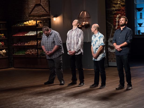 Final four contestants Rusty Hamlin, Matthew Grunwald, Jason Smith and Cory Bahr reacting to Rusty Hamlin being safe and Matthew Grunwald being eliminated from the Star Challenge Cook For Your Life, as seen on Food Network Star, Season 13.