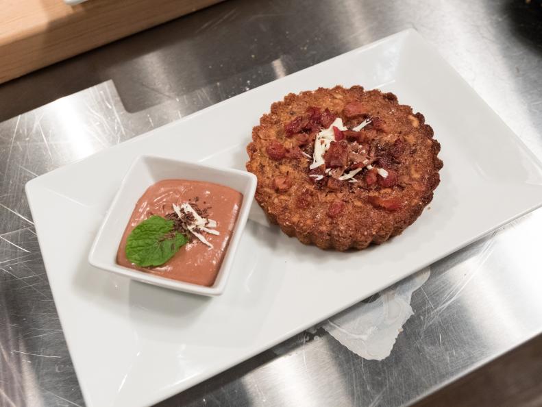 Contestant Jason Smith's dish, Maple Nut Tart with a Chocolate Whiskey Mousse, for the Star Challenge Cook For Your Life, as seen on Food Network Star, Season 13.