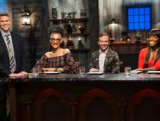 Host John Henson and Judges Carla Hall, Zac Young, and Lorraine Pascale, as seen on Halloween Baking Championship, Season 3.