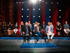 Eliminated contestants (back row left) Toya Boudy, Suzanne Lossia, Trace Barnett, Coadan Tran, Matthew Grunwald, Amy Pottinger, David Rose, Addie Gundy, Nancy Manlove and Blake Baldwin (back row right) with Finalists (front row left) Rusty Hamlin, Jason Smith and Cory Bahr (front row right) pose for the camera at the Finale, as seen on Food Network Star, Season 13.