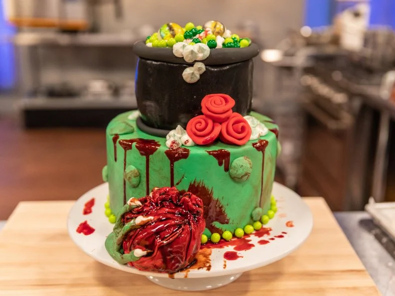 Contestant Lyndsy McDonald's completed dish from the main heat, Key lime margarita cake with key lime orange blossom margarita soak, curd and buttercream, as seen on Food Network's Halloween Baking Championship, Season 4.