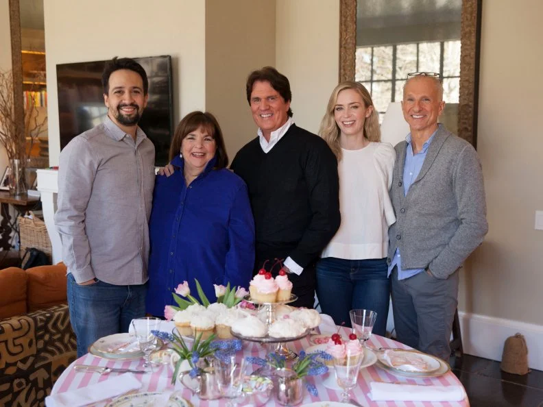Hollywood director & producer duo Rob Marshall and John DeLuca with Emily Blunt, Lin-Manuel Miranda, and Ina Garten, as seen on Barefoot Contessa: Back to Basics, Season 15.