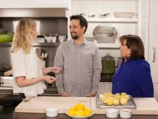 Emily Blunt, Lin-Manuel Miranda, and Ina Garten, as seen on Barefoot Contessa: Back to Basics, Season 15.