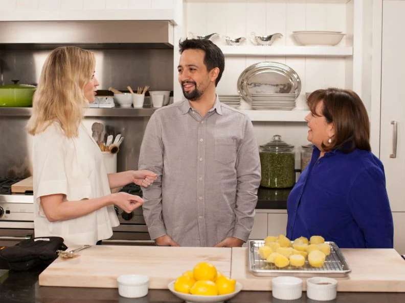 Emily Blunt, Lin-Manuel Miranda, and Ina Garten, as seen on Barefoot Contessa: Back to Basics, Season 15.