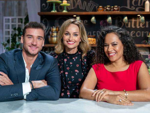 Host Giada De Laurentiis with judges Damiano Carrara and Yolanda Gampp, as seen on Winner Cake All, Season 1.