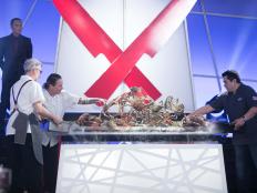 Sous Chef Tim Ferguson (L), Challenger Chef Carolynn Spence, The Chairman Mark Dacascos and Iron Chef Jose Garces, during Battle Crab, as seen on Iron Chef America, Season 13.