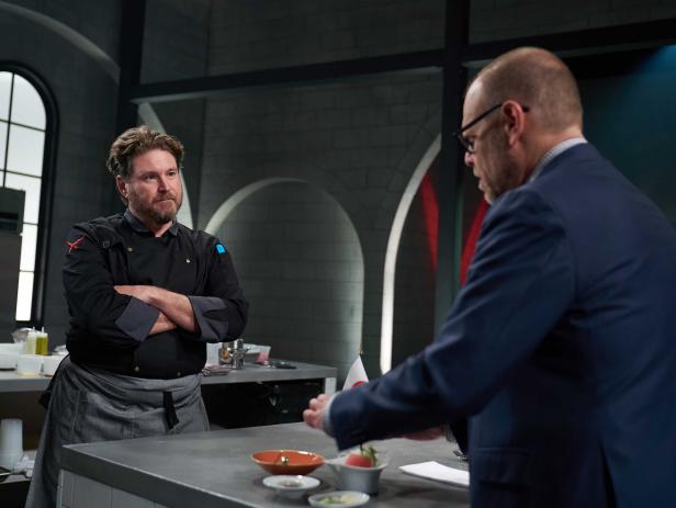 Host Alton Brown with Contestant David LeFevre, as seen on Iron Chef Gauntlet, Season 2.