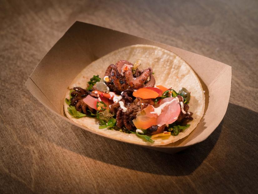 Amy Pottinger's dish, Octopus Tacos with Olive Tapenade and Pickled Carrots, as seen on Food Network Star, Season 14.
