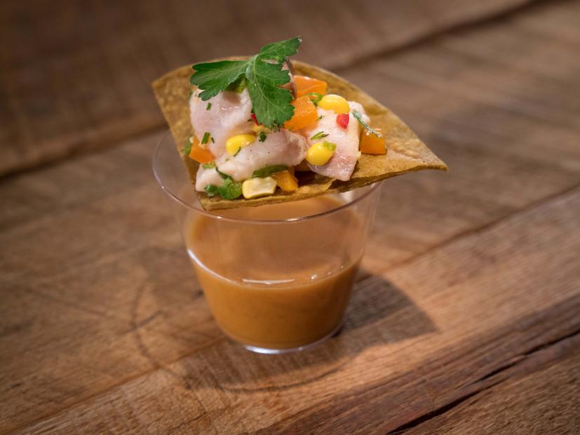 Harrison Bader's dish, Hamachi Ceviche with Roasted Poblano Shooter, as seen on Food Network Star, Season 14.