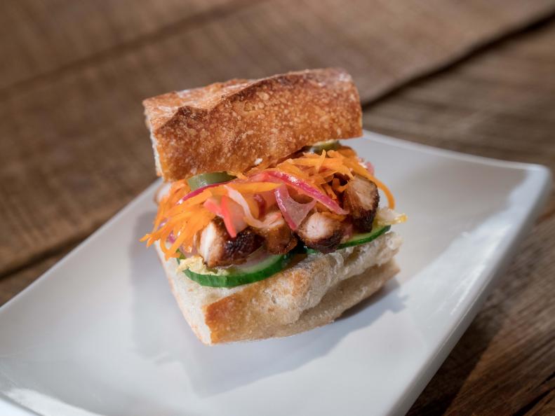Contestant Amy Pottinger's dish, Pork Banh Mi, during a Mentor Challenge, as seen on Food Network Star, Season 14.