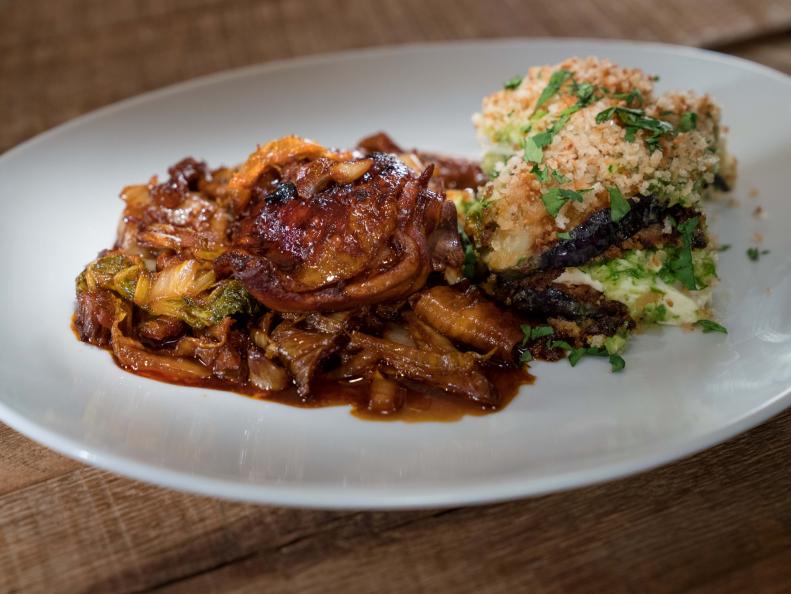 Contestant Jess Tom's Dish, Braised Gochujang Chicken with Miso Eggplant, as seen on Food Network Star, Season 14.