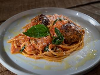 Contestant Christian Petroni's dish, Spaghetti and Meatballs, as seen on Food Network Star, Season 14.