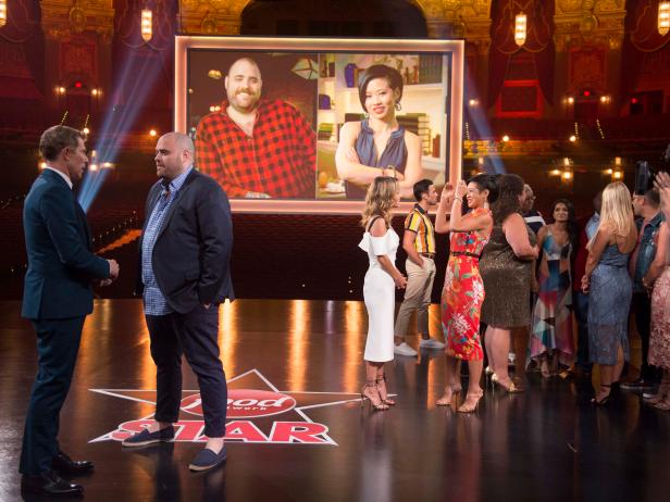 Host Bobby Flay talks with winner Christian Petroni while host Giada De Laurentiis talks with winner Jess Tom, as seen on Food Network Star, Season 14.