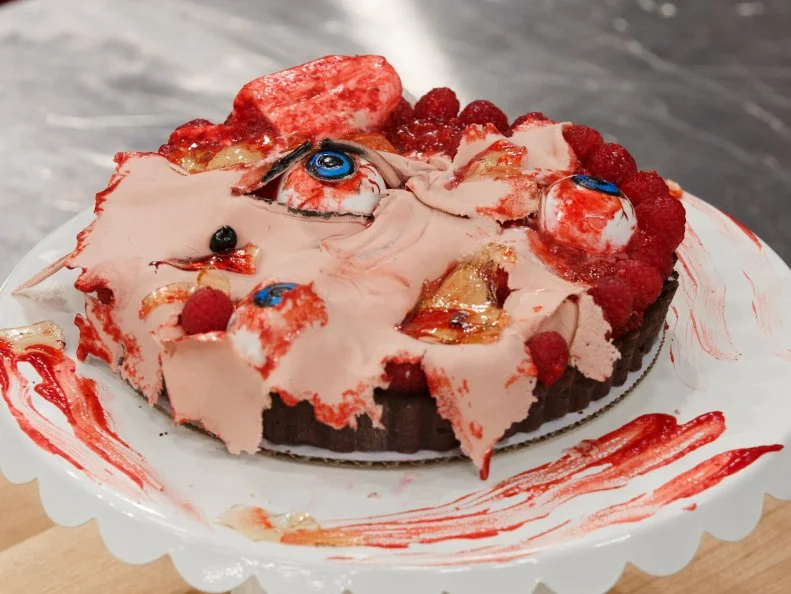 A a chocolate tart shell prepared by contestant Brad Rudd during the main-heat challenge, as seen on Food Network's Halloween Baking Championship, Season 2.