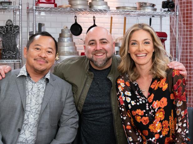 Host Duff Goldman with Judges Pichet Ong and Waylynn Lucas during Round Two, Trick Cakes, as seen on Halloween Cake-Off, Season 1.