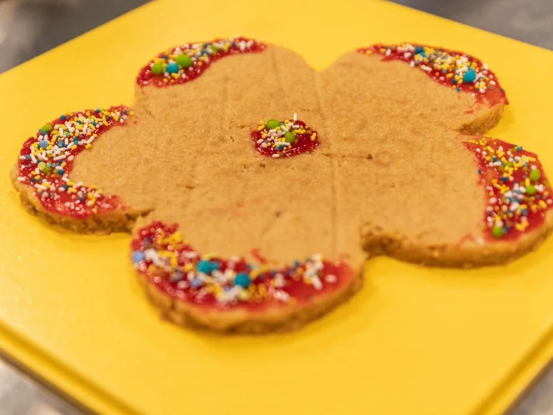 Contestant Paige Goehner's completed dish from the main bake, Almond blondie with raspberry coulis and spinkle border, as seen on Kids Baking Championship, Season 6.