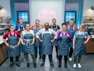 Contestants Yolanda Diaz, Joshua Livsey, Julie Franceschini, Eric Keppler, Edet Okon, Michael Russ II, Marian Mulero, Jeffrey De Leon, and Casey Renee, as seen on Best Baker in America, Season 3.