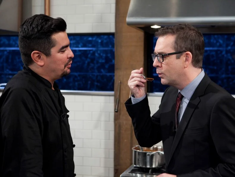 Chopped: After Hours chef Aaron Sanchez lets host Ted Allen taste his mole sauce he will use on his entree that must include: Chocolate cake pops, white chocolate cocoa mix, quail and Serrano peppers, as seen on Food Network's Chopped: After Hours.