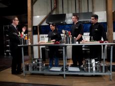 Chopped: After Hours host Ted Allen talks strategy with chefs: Maneet Chauhan, Marc Murphy and Aaron Sanchez who will be making an entree that must include: Chocolate cake pops, white chocolate cocoa mix, quail and Serrano peppers, as seen on Food Network's Chopped: After Hours.