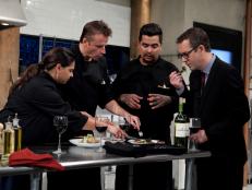 Chopped: After Hours host Ted Allen and chefs: Aaron Sanchez, Marc Murphy and Maneet Chauhan taste the entrees the chefs made that must include: Chocolate cake pops, white chocolate cocoa mix, quail and Serrano peppers, as seen on Food Network's Chopped: After Hours.