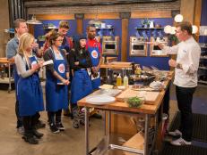 Host Bobby Flay addresses his team on set as seen on Food Networkâ  s Worst Cooksin America, Season 5.