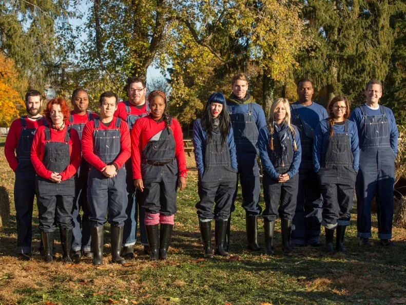 The entire cast stands on Cherry Grove Farm as seen on Food Networkâ  s Worst Cooksin America, Season 5.