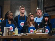 The blue team watches the demo for the Roulade Challenge as seen on Food Network's Worst Cooks in America, Season 5.