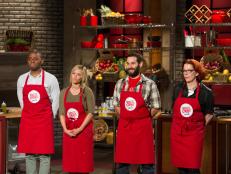 The Red Team awaits the announcement by the chefs of the, and the, during the Surprise Party Challenge. The Red Team recruits are Jamie Thomas, Carie Pullano-Keller, Mike Glazer and Carol Holder, as seen on Food Network's Worst Cooks in America, Season 5.