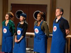 The Blue Team awaits the announcement by the chefs of the, and the, during the Surprise Party Challenge. The Blue Team recruits are Danielle Ruiz-Wiley, Amber Brauner, Stephanie St. Aubin, and Daniel Beyda, as seen on Food Network's Worst Cooks in America, Season 5.