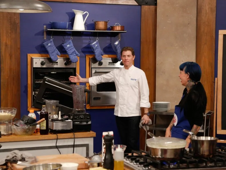 One of the oven doors fall off in the middle of Blue Team recruit Amber Brauner's prep for the final challenge; Shas the opportunity to prepare a 3-course meal with Blue Team Leader Chef Bobby Flay for the final challenge, where the recruits compete in a final cook-off before a panel of distinguished guests for the chance to win $25,000. Blue Team recruit Amber Brauner must prepare Charred Octopus Salad with Tangerine Sauce, Bison Tenderloin with Piquillo Pepper Pesto and Tapenade Mashed Potatoes and Coconut Cream Pie with Salted Lime Caramel, as seen on Food Network's Worst Cooks in America, Season 5.