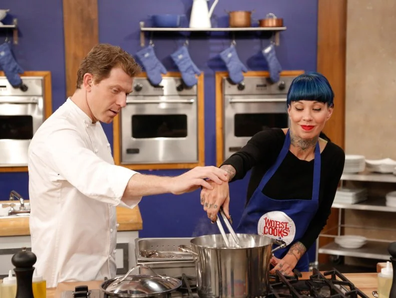 Blue Team recruit Amber Brauner has the opportunity to prepare a 3-course meal with Blue Team Leader Chef Bobby Flay for the final challenge. Chef Bobby has added octopus to the menu, though, purposely challenging Amber to go out of her comfort zone with something she fears, confident that she will succeed. Blue Team recruit Amber Brauner must prepare Charred Octopus Salad with Tangerine Sauce, Bison Tenderloin with Piquillo Pepper Pesto and Tapenade Mashed Potatoes and Coconut Cream Pie with Salted Lime Caramel, as seen on Food Network's Worst Cooks in America, Season 5.