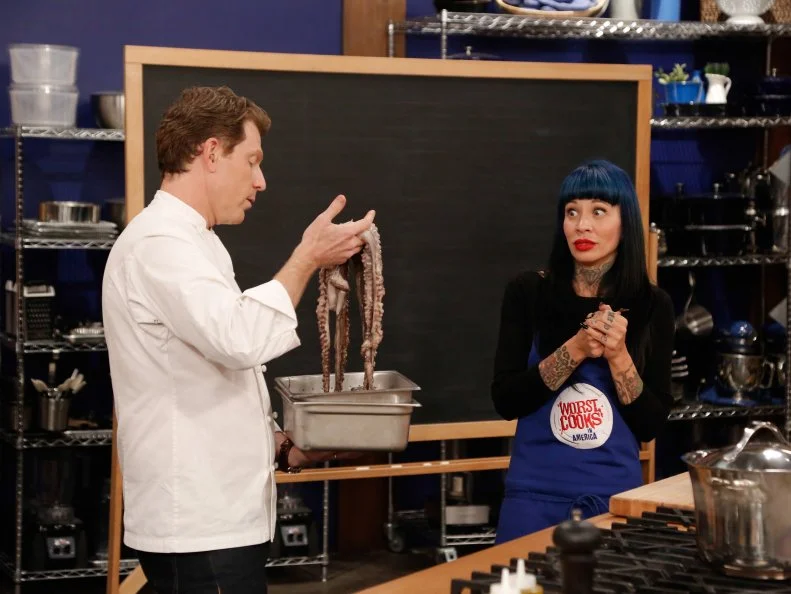 Blue Team recruit Amber Brauner has the opportunity to prepare a 3-course meal with Blue Team Leader Chef Bobby Flay for the final challenge. Chef Bobby has added octopus to the menu, though, purposely challenging Amber to go out of her comfort zone with something she fears, confident that she will succeed. Blue Team recruit Amber Brauner must prepare Charred Octopus Salad with Tangerine Sauce, Bison Tenderloin with Piquillo Pepper Pesto and Tapenade Mashed Potatoes and Coconut Cream Pie with Salted Lime Caramel, as seen on Food Network's Worst Cooks in America, Season 5.