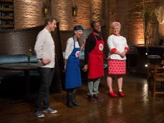 Chef Bobby Flay stands with Amber Brauner as Chef Anne Burrell stands with Jamie Thomas on set for the final episode as seen on Food Network's Worst Cooks in America, Season 5.