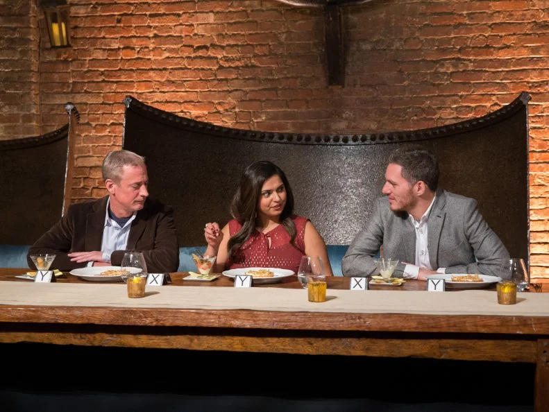 Culinary expert judges (left to right) Jimmy Bradley, Maneet Chauhan, Spike Mendelsohn review the cooking of the finalists as seen on the finale of  Food Network's Worst Cooks in America, Season 5.