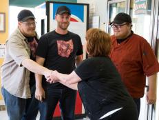 Team Let There Be Bacon's Dylan Doss, Matt Heyman and Jon Ashton meet the owners of Mama Toscano's Ravioli in St Louis, as seen on Food Network's The Great Food Truck Race, Season 5.