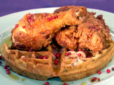 Fried Chicken and Wild Rice Waffles with Pink Peppercorn Butter and Maple-Horseradish Syrup